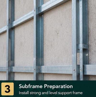 Metal subframe channels installed and levelled on the wall before HPL panel fixing