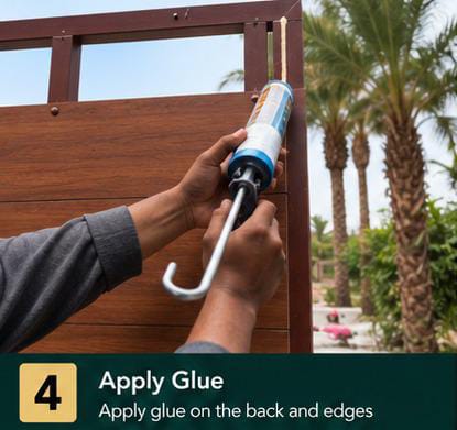 Applying exterior-grade adhesive to the back and edges of an HPL sheet with a caulking gun
