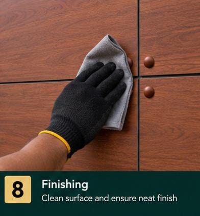 Wiping down the finished HPL panel surface with a clean cloth