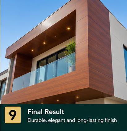 Finished exterior HPL cladding on a modern balcony facade